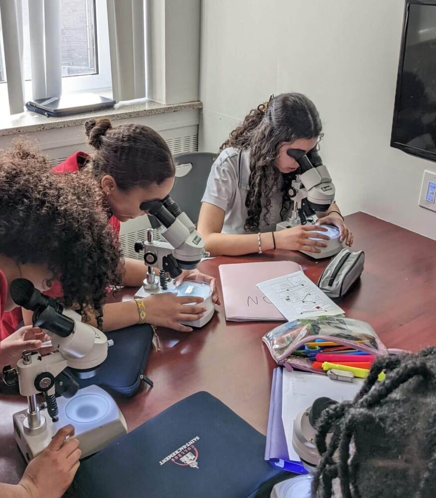 Étudiantes utilisant des microscopes en classe, observation scientifique, laboratoire lumineux, matériel scolaire sur la table, apprentissage pratique, concentration sur les échantillons.