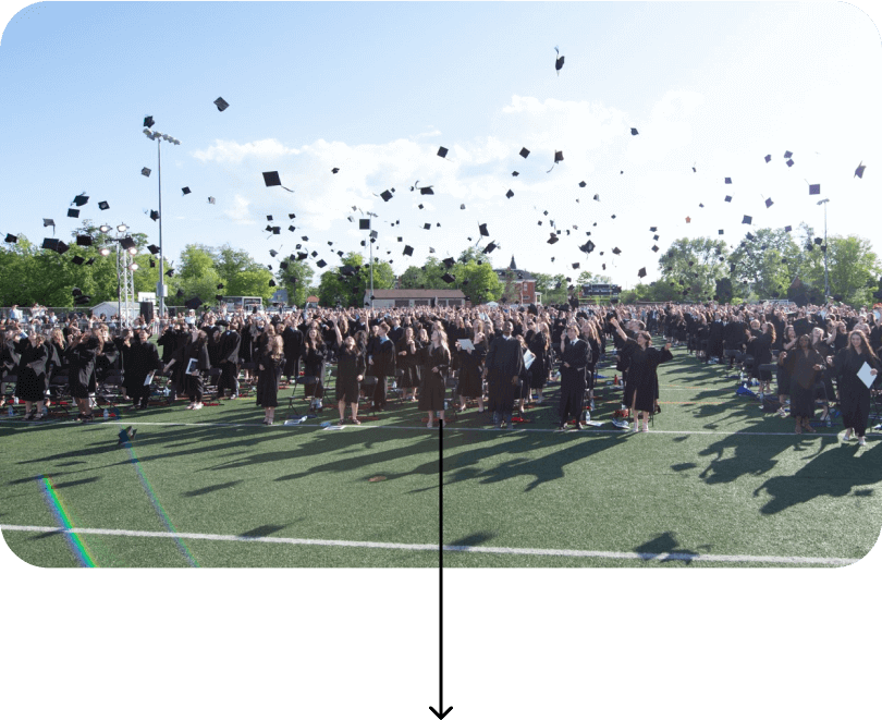 Cérémonie de remise des diplômes à l’extérieur, étudiants en toge noire lançant leurs chapeaux dans les airs, ciel dégagé, terrain en gazon synthétique, célébration académique, moment marquant, réussite scolaire, rassemblement festif.